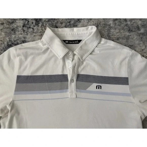 Travis Mathew Polo Shirt‎ Mens Medium White Striped Print Golf Short Sleeve Prep - Picture 2 of 11